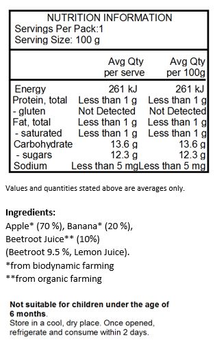 Apple* (70%), Banana* (20%), Beetroot Juice** (10%) (Beetroot, Lemon Juice).
*from biodynamic farming
**from organic farming