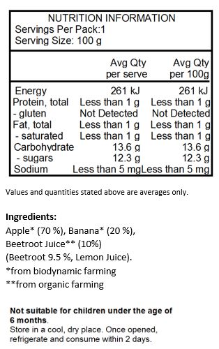 Apple* (70%), Banana* (20%), Beetroot Juice** (10%) (Beetroot, Lemon Juice). 
*from biodynamic farming 
**from organic farming