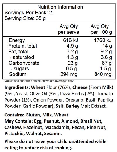 wheat flour* 80%, cheese* 8% (Emmentaler*, hard cheese*), olive oil* 5%, pizza herbs** 2,7% (onion powder**, tomato powder**, oregano**, basil**, paprika powder**, garlic powder**), yeast**, salt,
barley malt extract*
*from biodynamic farming
**from organic farming