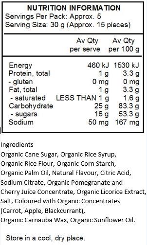 Organic Cane Sugar, Organic Brown Rice Syrup, Organic Rice Flour, Organic Corn Starch, Organic Palm Fruit Oil, Natural Flavor, Citric Acid, Sodium Citrate, Organic Pomegranate and Cherry Juice Concentrate, Organic Licorice Extract, Salt, Colored with Organic Concentrate (Carrot, Apple, Blackcurrant), Organic Carnauba Wax, Organic Sunflower Oil.