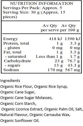 Organic Rice Flour, Organic Brown Rice Syrup, Organic Cane Sugar, Organic Cane Sugar Molasses, Organic Corn Starch, Organic Licorice Extract, Organic Palm Fruit Oil, Salt, Natural Flavor, Organic Carnauba Wax, Organic Sunflower Oil.