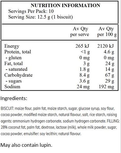 BISCUIT: maize flour, palm fat, maize starch, sugar, glucose syrup, soy flour, cocoa powder, modified maize starch, natural flavour, salt, rice starch, raising agents: ammonium hydrogen carbonate, sodium hydrogen carbonate.
FILLING: 28% coconut fat, palm fat, dextrose, lactose (milk), whole milk powder, sugar, cocoa powder, emulsifier: soy lecithin; natural flavour.