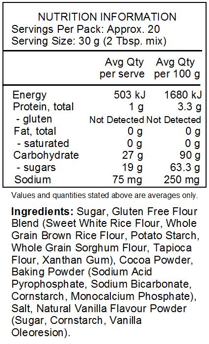 Evaporated cane juice, ghirardelli cocoa, potato starch, sweet white sorghum flour, tapioca flour, whole grain corn flour, sea salt, baking powder (sodium acid pyrophosphate, sodium bicarbonate, corn starch, monocalcium phosphate), xanthan gum *Manufactured in a facility that also uses tree nuts and soy*