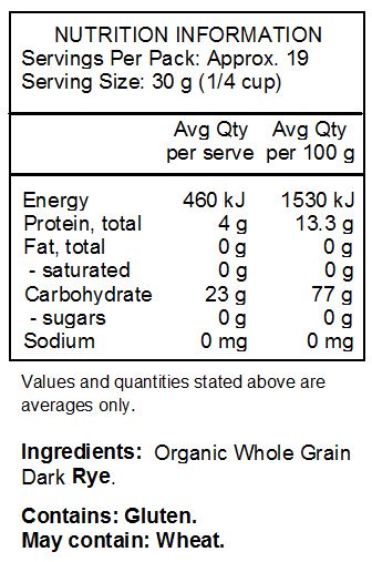 Organic Whole Grain Dark Rye.
<br>
Contains: Gluten.
May contain: Wheat.