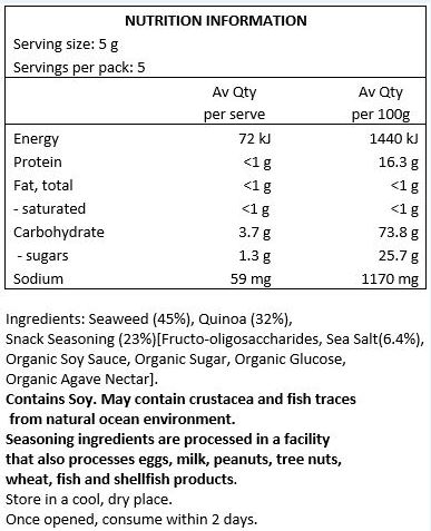 Seaweed (45%), Quinoa (32%), Snack Seasoning (23%) [Fructo-oligosaccharides, Sea Salt (6.4%), Organic Soy Sauce, Organic Sugar, Organic Glucose, Organic Agave Nectar]

May contain crustacea and fish traces from natural ocean environment Seasoning ingredients are processed in a facility that also processes eggs,
milk, peanuts, tree nuts, wheat, fish and shellfish products