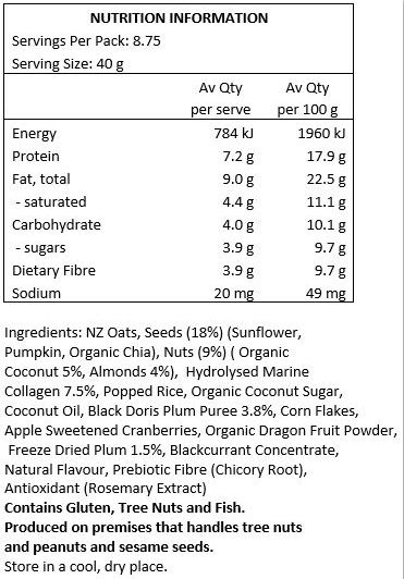 NZ Oats, Seeds (17%) (Sunflower, Pumpkin, Organic Chia), Nuts (10%) (Almonds, Organic Coconut Chips), Organic Coconut Sugar, Black Doris Plum Puree (5%), Coconut Oil, Popped Rice, Cornflakes, Apple Sweetened Cranberries,
Hydrolysed Marine Collagen (2.5%), Organic Dragon Fruit Powder (1.5%), Blackcurrant
Concentrate, Freeze Dried Black Doris Plum (1.5%), Natural Flavour