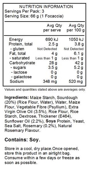 Sourdough 27% (rice flour, water), maize flour, extra virgin olive oil 5%, vegetable fire (psyllium), rice flour, rice starch, thickener: hydroxypropyl methyl cellulose (E-464); dextrose, sunflower oil 2.2%, soya protein, yeast, sea salt, rosemary 0.2%, natural flavours. 

