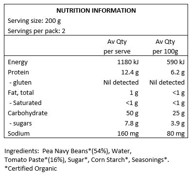 Organic Pea Navy Beans (54%), water, organic tomato paste (16%), organic sugar, organic corn starch, organic seasoning