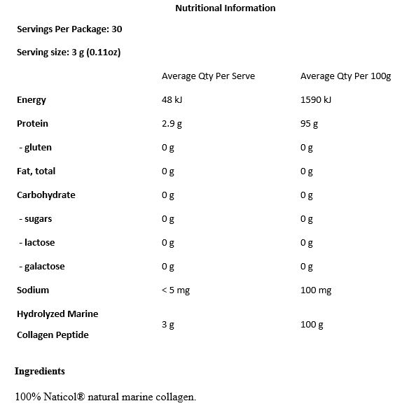 100% NaticolĀ® Natural Marine Collagen.