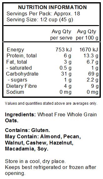 Wheat Free Whole Grain Oats.
<br>
Contains: Gluten.