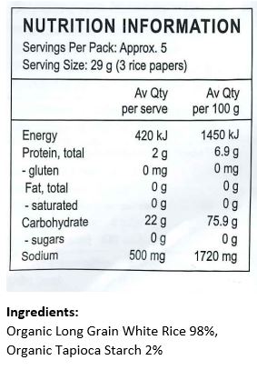Organic Long Grain White Rice 98%, Organic Tapioca Starch 2%.