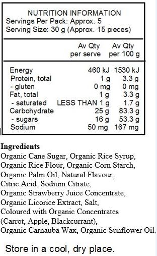 Organic Cane Sugar, Organic Rice Syrup, Organic Rice Flour, Organic Corn Starch, Organic Palm Oil, Natural Flavor, Citric Acid, Sodium Citrate, Organic Strawberry Juice Concentrate, Organic Licorice Extract, Salt, Colored With Organic Concentrates (Carrot, Apple, Blackcurrant), Organic Carnauba Wax, Organic Sunflower Oil.