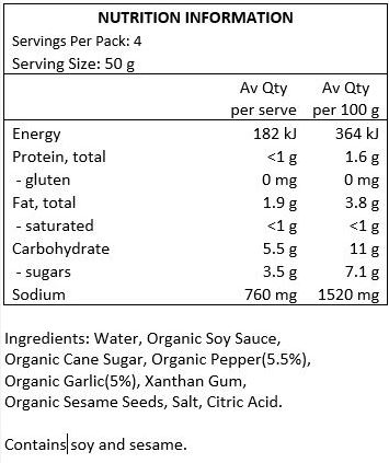 Water, Organic Soy Sauce, Organic Cane Sugar, Organic Pepper, Organic Garlic, Xanthan Gum, Organic Sesame, Salt, Citric Acid.