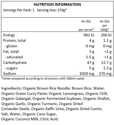 Organic Brown Rice Noodle: Brown Rice, Water.

Organic Green Curry Paste: Organic Lemongrass, Organic Chili, Organic Galangal, Organic
Fermented Soy Bean, Organic Shallot, Organic Garlic, Organic Turmeric, Organic Dried Coriander
Seeds, Organic Kaffir Lime, Organic Dried Cumin, Salt, Water, Organic Cane Sugar, Organic
Coconut Milk, Citric Acid.