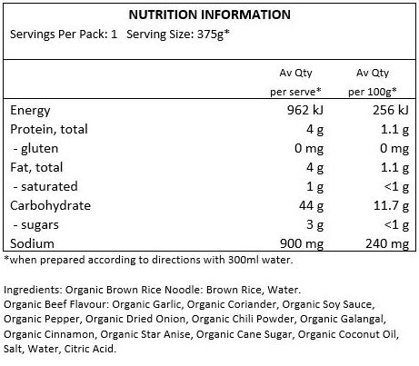 organic brown rice noodle: brown rice, water
organic beef flavour: organic garlic, organic coriander, organic soy sauce, organic pepper, organic dried onion, organic chili powder, organic galangal, organic cinnamon, organic start anise, organic cane sugar, organic coconut oil, salt, water, citric acid