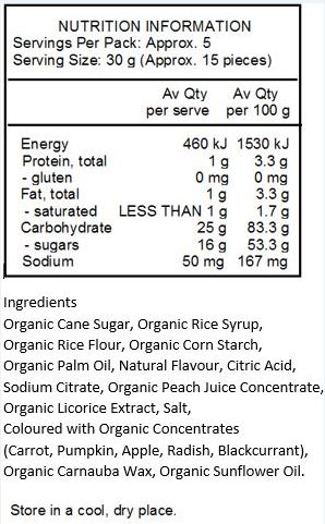 Organic Cane Sugar, Organic Rice Syrup, Organic Rice Flour, Organic Corn Starch, Organic Palm Oil, Natural Flavor, Citric Acid, Sodium Citrate, Organic Peach Juice Concentrate, Organic Licorice Extract, Salt, Colored With Organic Concentrates (Carrot, Pumpkin, Apple, Radish, Blackcurrant), Organic Carnauba Wax, Organic Sunflower Oil.