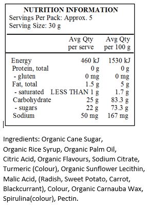 Organic Cane Sugar, Organic Rice Syrup, Organic Palm Oil, Citric Acid, Organic Natural Flavors, Sodium Citric, Turmeric (Color), Organic Sunflower Lecithin, Malic Acid, (Radish, Carrot, Sweet Potato, Blackcurrant) For Color, Organic Carnauba Wax, Spirulina Concentrate (Color), Pectin.