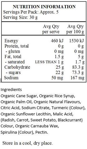 Organic Cane Sugar, Organic Rice Syrup, Organic Palm Oil, Organic Natural Flavors, Citric Acid, Sodium Citric, Turmeric (Color), Organic Sunflower Lecithin, Malic Acid, (Radish, Carrot, Sweet Potato, Blackcurrant) For Color, Organic Carnauba Wax, Spirulina Concentrate (Color), Pectin.