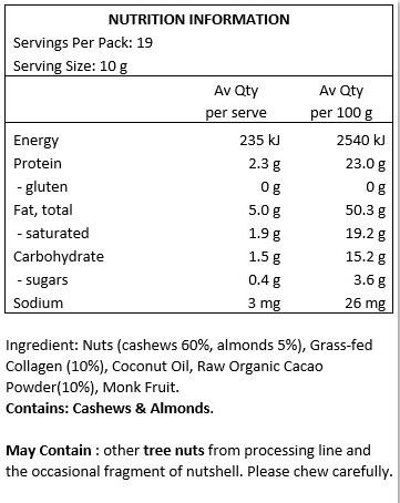 Almonds, Cashews, Hydrolysed Collagen,Cacao Powder, Coconut Oil, Monk Fruit.