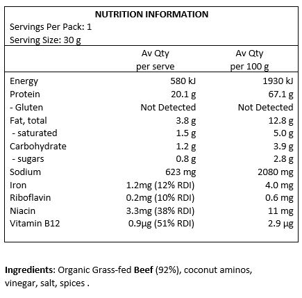 Organic Halal grass-fed grass-finished Beef (92%), organic coconut aminos, vinegar, Himalayan salt, spices. Spices include pepper, nutmeg and cumin. No garlic or onions.