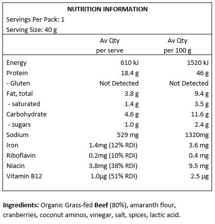Organic Aussie Grass-Fed Beef (80%), Amaranth Flour, Cranberries, Coconut Aminos, Vinegar, Salt, Spices, Lactic Acid.