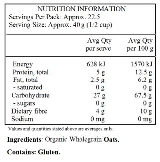 Organic Wheat Free Wholegrain Oats.
Contains: Gluten.