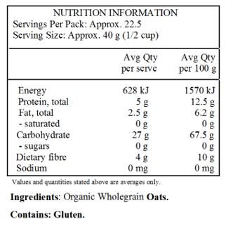 Organic Wheat Free Wholegrain Oats.

Contains: Gluten. 
