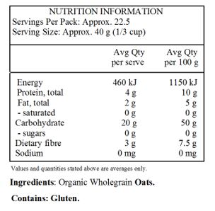 Organic Wheat Free Wholegrain Oats.

Contains: Gluten. 
