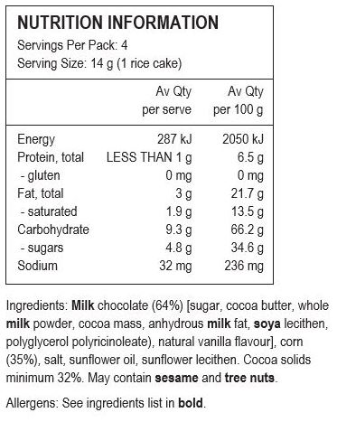Milk chocolate (64%) [sugar, cocoa butter, whole milk powder, cocoa mass, anhydrous milk fat, soya lecithen, polyglycerol polyricinoleate), natural vanilla flavour], corn (35%), salt, sunflower oil, sunflower lecithen.  Cocoa solids minimum 32%.  May contain sesame and tree nuts.
Allergens: See ingredients list in bold.