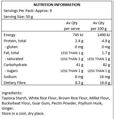 Tapioca Starch, White Rice Flour, Brown Rice Flour, Millet Flour, Buckwheat Flour, Guar Gum, Pectin Pwder, Psyllium Husk, Ginger.