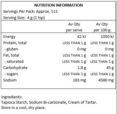 Tapioca Starch, Sodium Bi-carbonate, Cream of Tartar.
