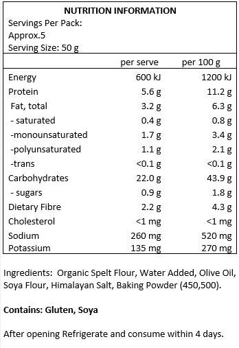 Organic spelt flour, water added,  olive oil, soya flour, Himalayan salt, baking powder (450,500)

Contains: Gluten, Soya



