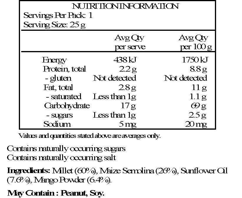 Millet (60%), Maize Semolina (26%), Sunflower Oil (7.6%), Mango Powder (6.4%)
May contain: Peanut, Soy.