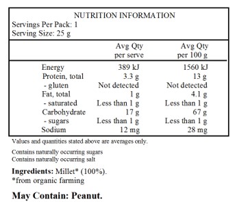 Millet* (100%).
*from organic farming

May Contain: Peanut.