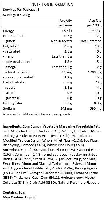 Maize starch, vegetable margarine [vegetable fats and oils in varying proportions (palm, palm kernel, rape), water, salt, emulsifier: monoand diglycerides of fatty acids, flavouring]; maltodextrin, modified tapioca starch, whole millet flour 6,1%, soya flour, rice syrup, flaxseed 3,6%, whole rice flour 3,5%, buckwheat flour 1,8%, sorghum flour 1,7%, flaxseed flour 1,6%, maize flour 1,4%, dried sour dough (buckwheat, quinoa), soya bran 1,4%, poppy seeds 0,7%, sugar beet syrup, sea salt, emulsifiers: mono-and diacetyl tartaric acid esters of mono-and diglycerides of edible fatty acids, raising agents: ammonium hydrogen carbonate, sodium bicarbonate, monopotassium tartrate; thickeners: guar gum, hydroxypropyl methyl cellulose; acid: citric acid, natural flavour.
May contain traces of lupin.