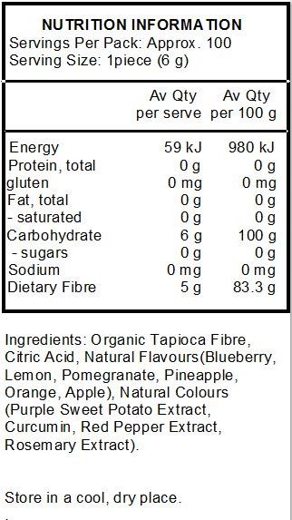 Tapioca Fibre*, Citric Acid, Natural Flavours (Blueberry, Lemon, Pomegranate Pineapple, Orange, Fuji Apple), Natural Colours (Purple Sweet Potato Extract, Curcumin, Red Pepper Extract, Rosemary Extract).
*Organic