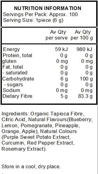 Tapioca Fibre*, Citric Acid, Natural Flavours (Blueberry, Lemon, Pomegranate Pineapple, Orange, Fuji Apple), Natural Colours (Purple Sweet Potato Extract, Curcumin, Red Pepper Extract, Rosemary Extract).
*Organic
