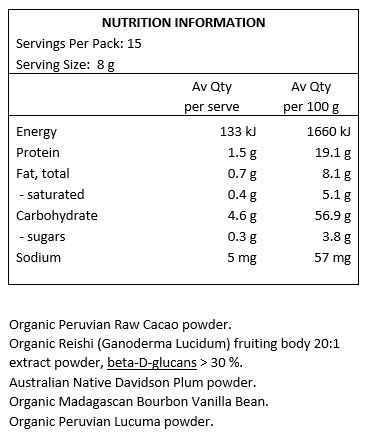 Organic Peruvian Raw Cacao Powder, Organic Reishi (Ganoderma Lucidum) fruiting body 20:1 extract powder (beta-D-glucans > 30%), Australian Native Davidson Plum Powder, Organic Madagascan Bourbon Vanilla Bean, Organic Peruvian Lucuma Powder.

