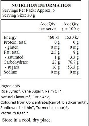 Rice Syrup*, Cane Sugar*, Sustainably Sourced
Palm Oil*, Natural Flavours* (Cherry, Strawberry, Orange, Lemon), Citric Acid, Carrot Concentrate*, Apple Concentrate*, Blackcurrant Concentrate*,
Sunflower Lecithin*, Pectin. *Organic