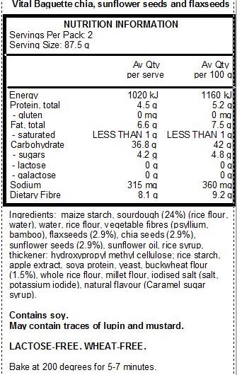 Maize Starch, Sourdough 24% (Rice Flour, Water), Water, Rice Flour, Vegetable Fibres (Psyllium, Bamboo), Flax Seeds 2.9%, Chia Seeds 2.9%, Sunflower Seeds 2.9%, Sunflower Oil, Rice Syrup
Thickener: Hydroxypropyl Methyl Cellulose; Rice Starch, Apple Extract, Soya Protein, Yeast, Buckwheat Flour 1.5%, Whole Rice Flour, Millet Flour, Iodised Salt (Salt, Potassium Iodide), Natural Flavour (Caramel Sugar Syrup). Contains Soy.
May contain traces of lupin and mustard.