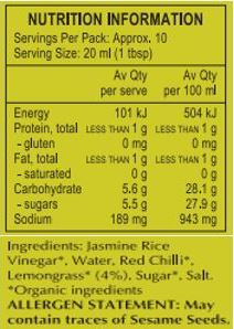 Organic Lemongrass (4%), Organic Chili, Organic Sugar, Organic Rice Vinegar, Salt, Water