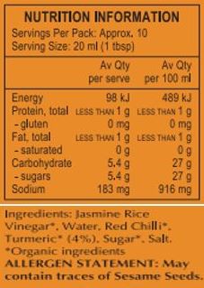 Organic Turmeric (4%), Organic Chili, Organic Sugar, Organic Rice Vinegar, Salt, Water
