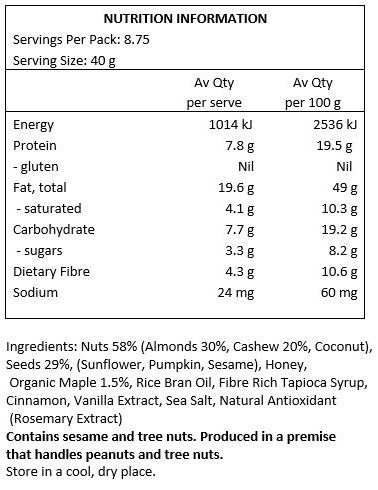 Nuts 58% (Almonds 30%, Cashew 20%, Coconut), Seeds 29% (Sunflower, Pumpkin, Sesame), Honey, Organic Maple 1.5%, Rice Bran Oil, Fibre Rich Tapioca Syrup, Cinnamon, Vanilla Extract, Sea salt, Natural Antioxidant (Rosemary Extract).