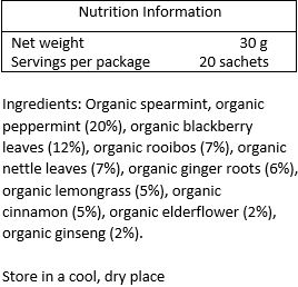 Organic spearmint (34%), organic peppermint (20%), organic blackberry leaves (12%), organic rooibos (7%), organic nettle leaves (7%), organic
ginger roots (6%), organic lemongrass (5%), organic cinnamon (5%), organic elderflower (2%), organic ginseng (2%)
