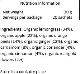 Organic lemongrass (34%), organic apple (22%), organic orange peels (14%), organic ginger root (12%), organic cardamom (8%), organic coriander
(4%), organic cinnamon (4%), organic marigold petals (2%)