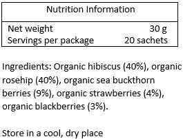 Organic hibiscus (40%), organic rosehip (40%), organic sea buckthorn berries (9%), organic strawberries (4%), organic blueberries (4%), organic
blackberries (3%)