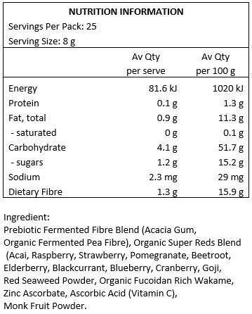 Prebiotic Fermented Fibre Blend (Acacia Gum, Organic Fermented Pea Fibre), Organic Super Reds Blend (Acai, Raspberry, Strawberry, Pomegranate, Beetroot, Elderberry, Blackcurrant, Blueberry, Cranberry, Goji, Red Seaweed Powder, Organic Fucoidan Rich Wakame, Zinc Ascorbate, Ascorbic Acid (Vitamin C), Monk Fruit Powder.