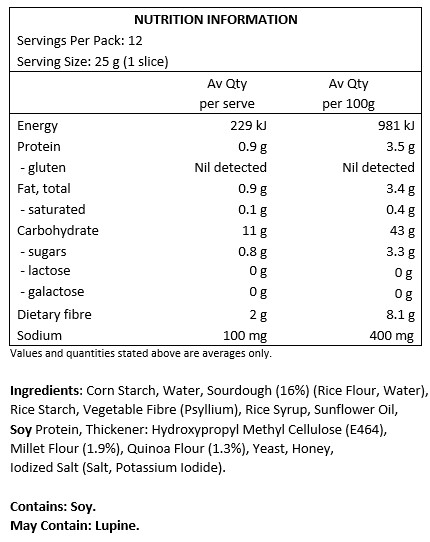 Maize Starch, Water, Sourdough 16% (Rice Flour, Water), Rice Starch, Vegetable Fibre (Psyllium), Rice Syrup, Sunflower Oil, Soya Protein, Thickener: Hydroxypropyl Methyl Cellulose; Millet Flour 1.9%, Quinoa Flour 1.3%, Yeast, Honey, Iodized Salt (Salt, Potassium Iodide).
May contain traces of lupin and mustard.