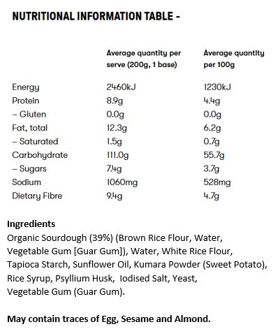 Organic Sourdough (49.2%) (Brown Rice flour, Water, Vegetable Gum [Guar Gum]), White Rice Flour, Tapioca Starch, Sunflower Oil, Kumara Powder, Rice Syrup, Buckwheat Flour, Psyllium Husk, Yeast, Vegetable Gum [Guar Gum], Salt, Emulsifier [Sunflower Lecithin].

May contain traces of egg, sesame seeds and tree nuts.