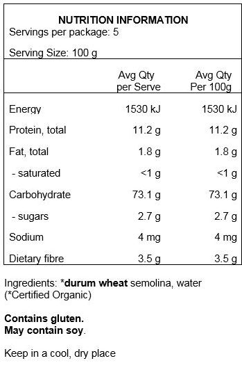 Organic durum wheat semolina, water